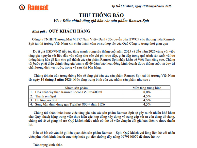 Thông Báo Điều Chỉnh Giá Sản Phẩm Ramset – Spit